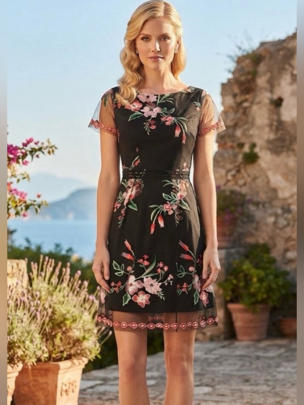 Adrianna Papell Black Floral-Embroidered Mini Dress size 8